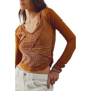 FREE PEOPLE Taylor Top Sz S Gold-Brown Lace Panel Rib Raglan Sleeve Cotton Blend